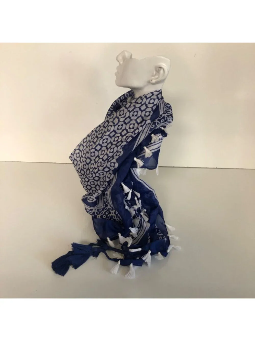 Blue White Geometric Pattern Tassel Scarf Wrap Square 39x41in